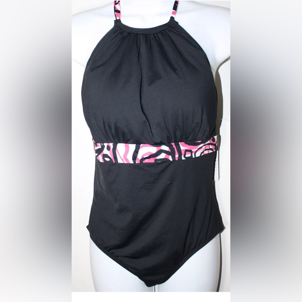 ANNE COLE 1 Pc 
Black Halter Swimsuit with Pink Zebra Print New NWT